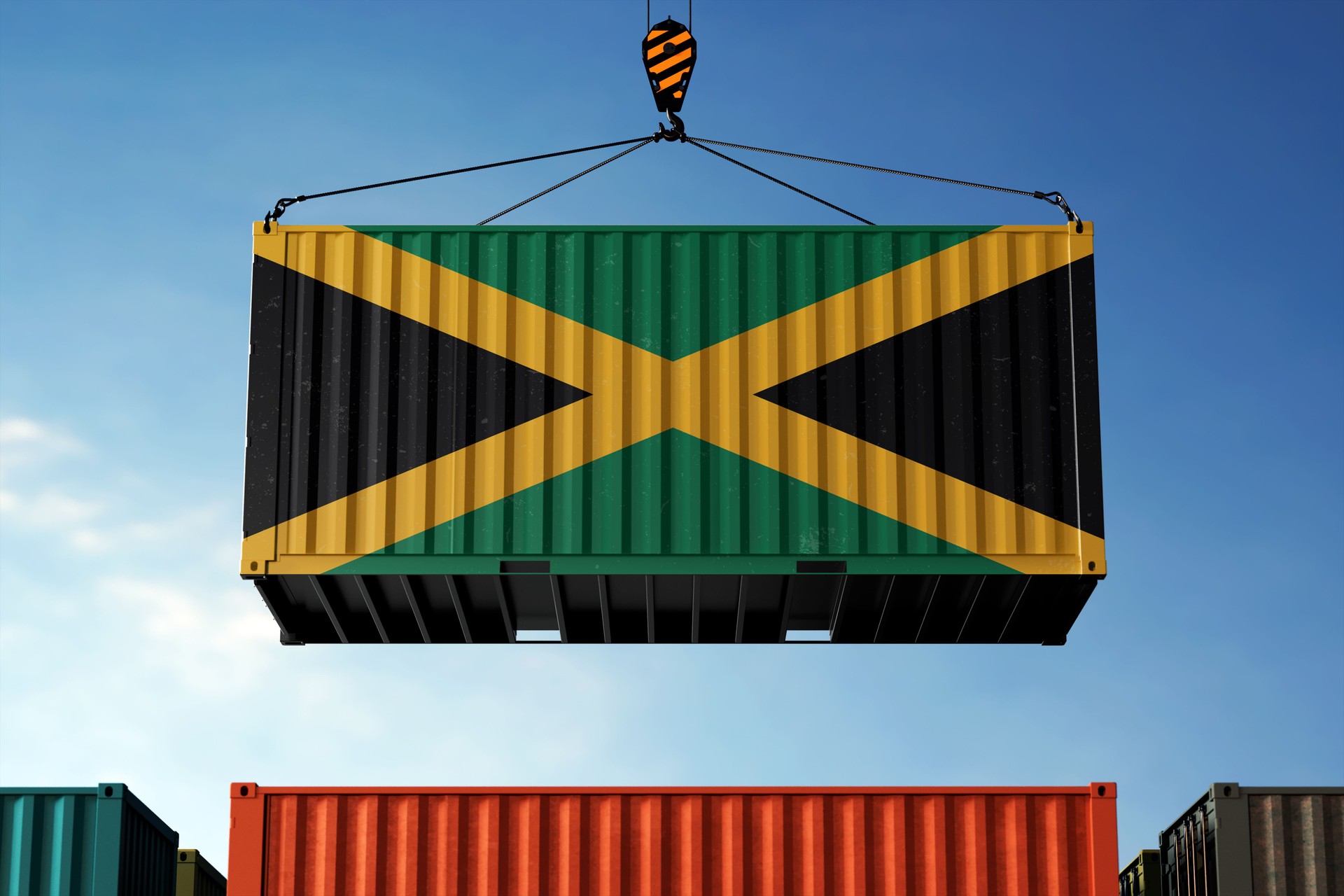 Jamaica trade cargo container hanging against clouds background